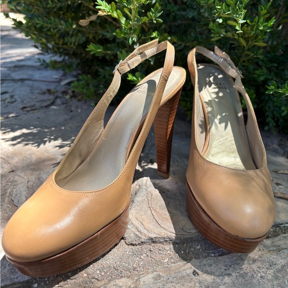 Stuart Weitzman Nude Leather Platform Slingback Pumps